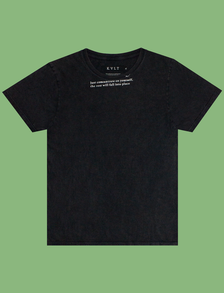 CONCENTRATE Tee in Sun-Bleached Black by KULT Clothing | eco-friendly, climate neutral t-shirt | "Just concentrate on yourself, the rest will fall into place"