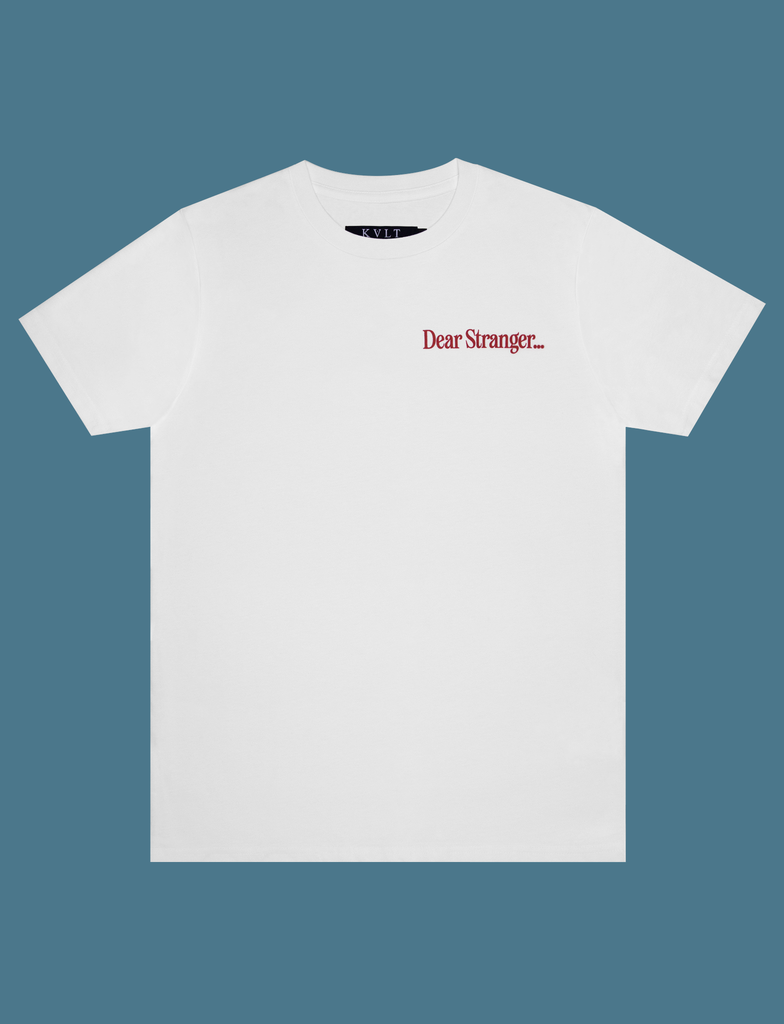 Front view of the DEAR STRANGER Tee in White by KULT Clothing | It reads "Dear Stranger..." printed in red ink over the left breast | eco-friendly, climate neutral t-shirt