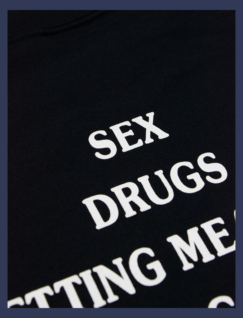Detailed view of the print on the MEANINGFUL GOALS Sweater by KULT Clothing | Sex, Drugs, & Setting Meaningful Life Goals