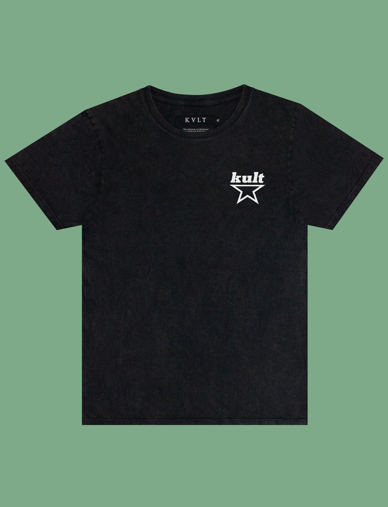 Front view of the print on the MEANINGFUL GOALS Tee in Sun-Bleached Black by KULT Clothing | Screen printed by hand in black using eco friendly inks