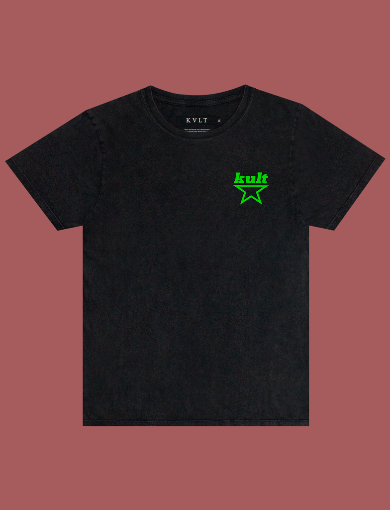 Front view of the print on the MEANINGFUL GOALS Tee in Sun-Bleached Black by KULT Clothing | Screen printed by hand in black using eco friendly inks