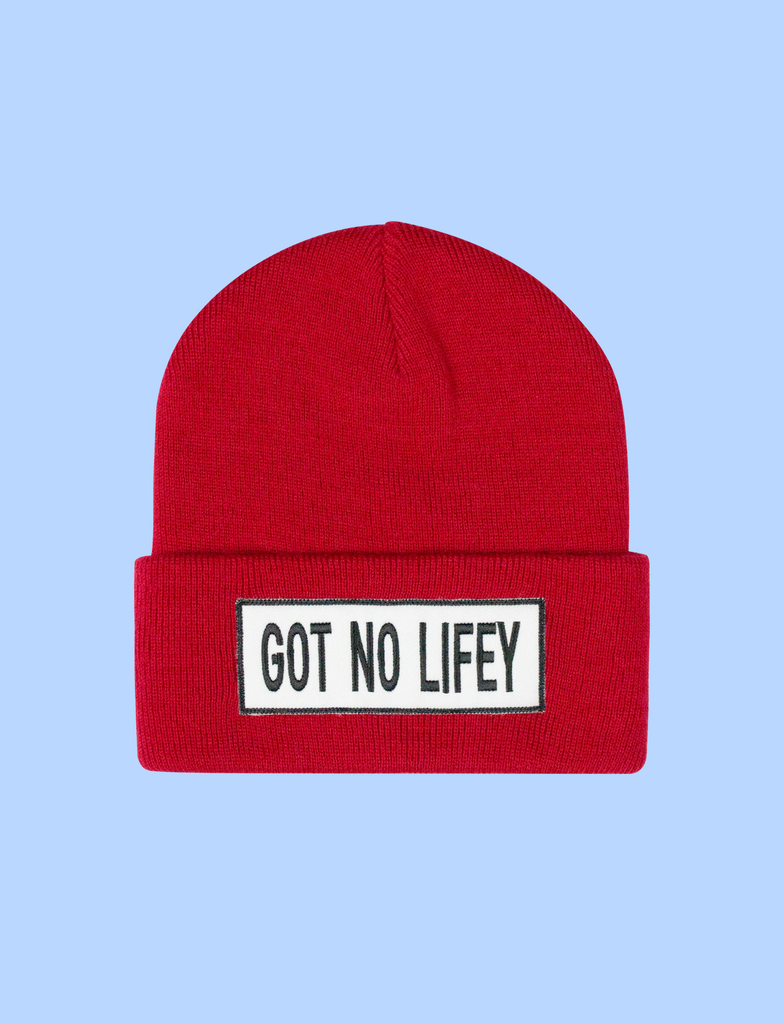 GOT NO LIFEY Beanie in Crimson by KULT Clothing | Appliqué patch beanie