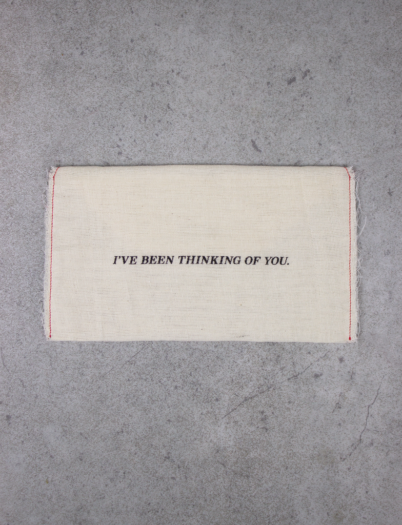 Front view of the handmade muslin envelope that houses the L.I.Y. (LOVE IT YOURSELF) KIT by KULT. | I'VE BEEN THINKING OF YOU.