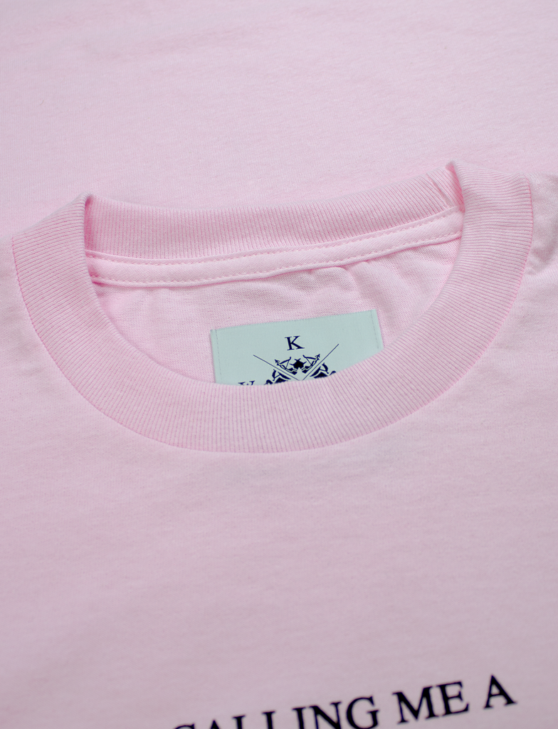 Neck label and detailing on the DON'T CALL ME Tee in Blossom by KULT Clothing | Calling me a slut won't make your parents love you