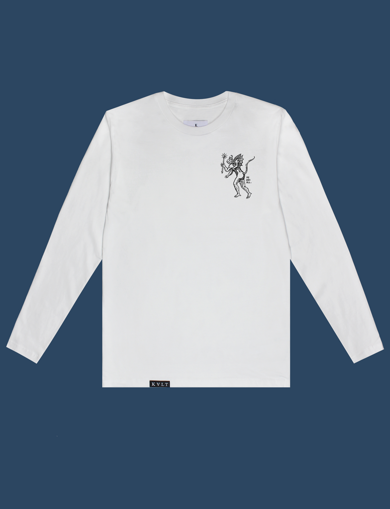 Front view of the HEAVEN'S ABOVE Longsleeve Tee in White by KULT Clothing | Oh Lord, let me feel love but never know its pain