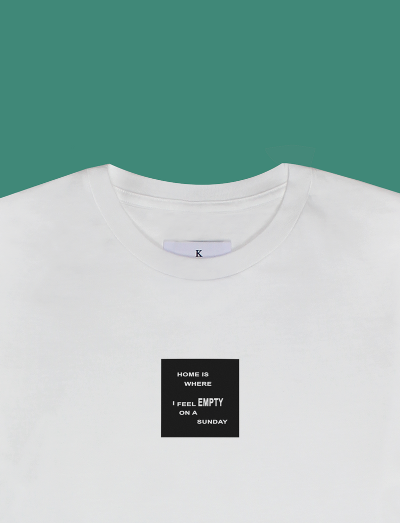 Close-up view of the HOME Longsleeve in White by KULT Clothing | Home is where I feel empty on a Sunday