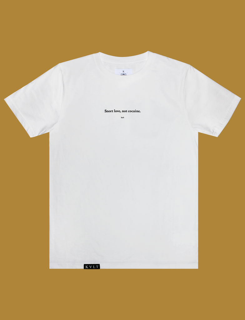 THE LOVE DRUG Tee in White by KULT Clothing | Snort love, not cocaine.