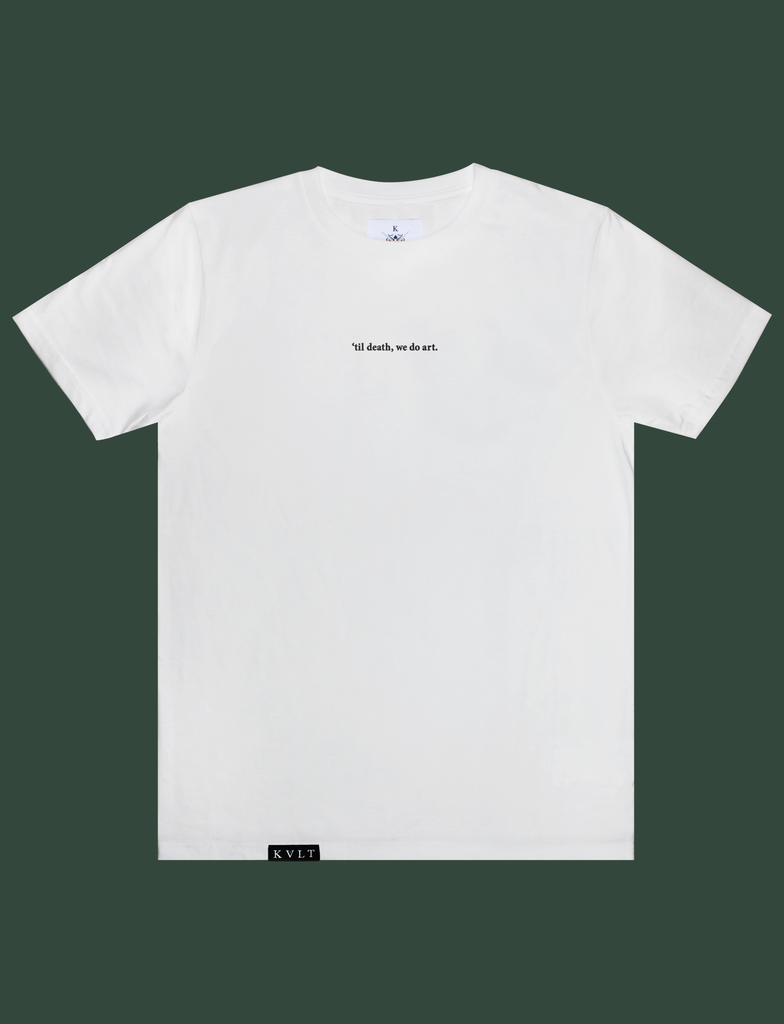 TIL DEATH Tee in White by KULT Clothing | eco-friendly, climate neutral t-shirt | 'til death, we do art. | till death we do art