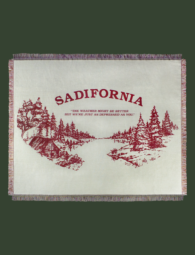 SADIFORNIA Blanket / Wall Hanging in Primrose by KULT Clothing | 130cm by 160cm | "The weather might be better but we're just as depressed as you." | Small batch production | Made in the UK
