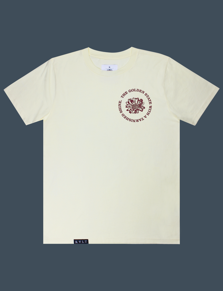 SADIFORNIA Tee in Primrose by KULT Clothing | eco-friendly, climate neutral t-shirt | The golden state with a tarnished shine.