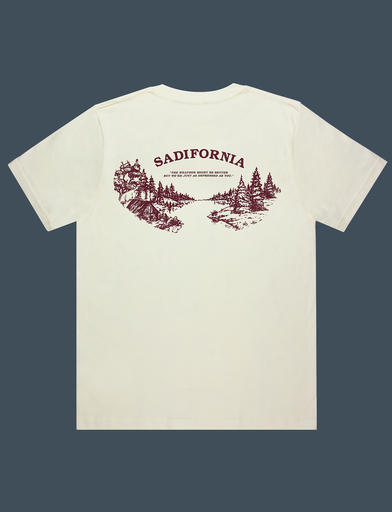 Reverse view of the SADIFORNIA Tee in Primrose by KULT Clothing | eco-friendly, climate neutral t-shirt | The weather might be better but we're just as depressed as you