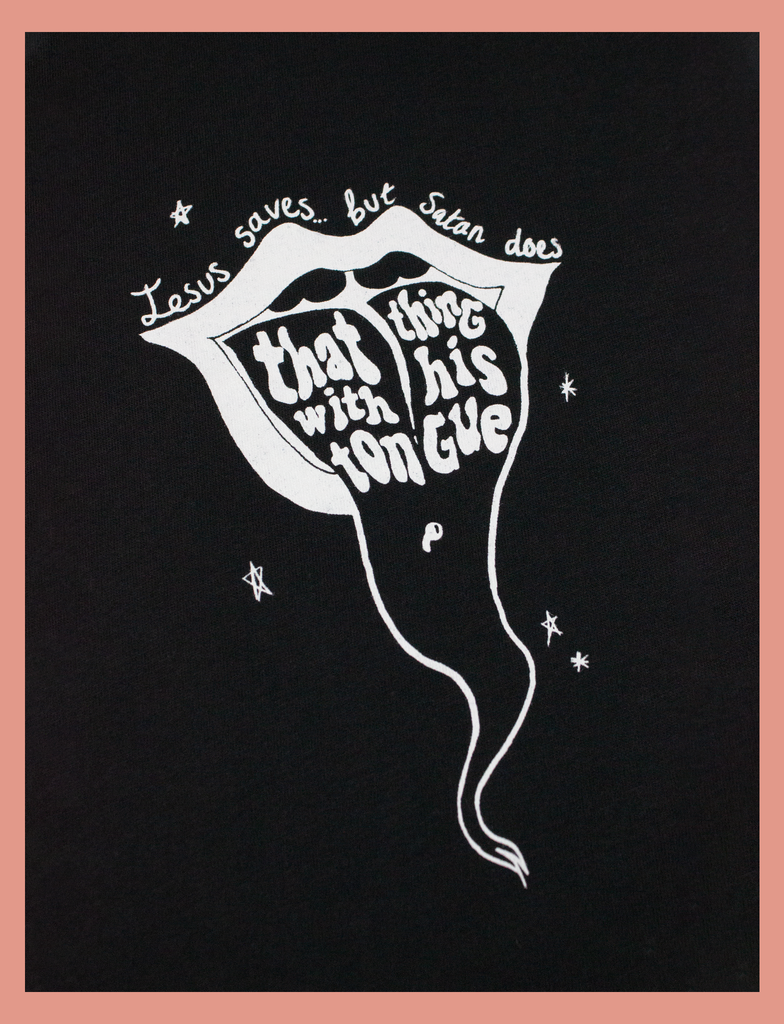 Close-up detail of the hand-printed design on the SATAN'S TONGUE Tee in Black by KULT Clothing | Jesus saves... but Satan does that thing with his tongue | KVLT