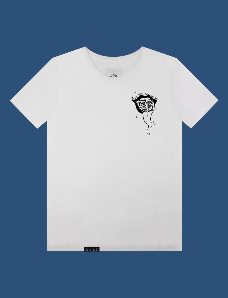 Front view of the SATAN'S TONGUE Tee in White by KULT Clothing | Jesus saves... but Satan does that thing with his tongue | KVLT