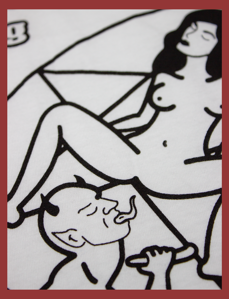 Second close-up view of the screen printed design on the front of THE JOY OF SATAN Tee in White by KULT Clothing | The Joy of Satan | A Gourmet Guide to Sinning | KVLT