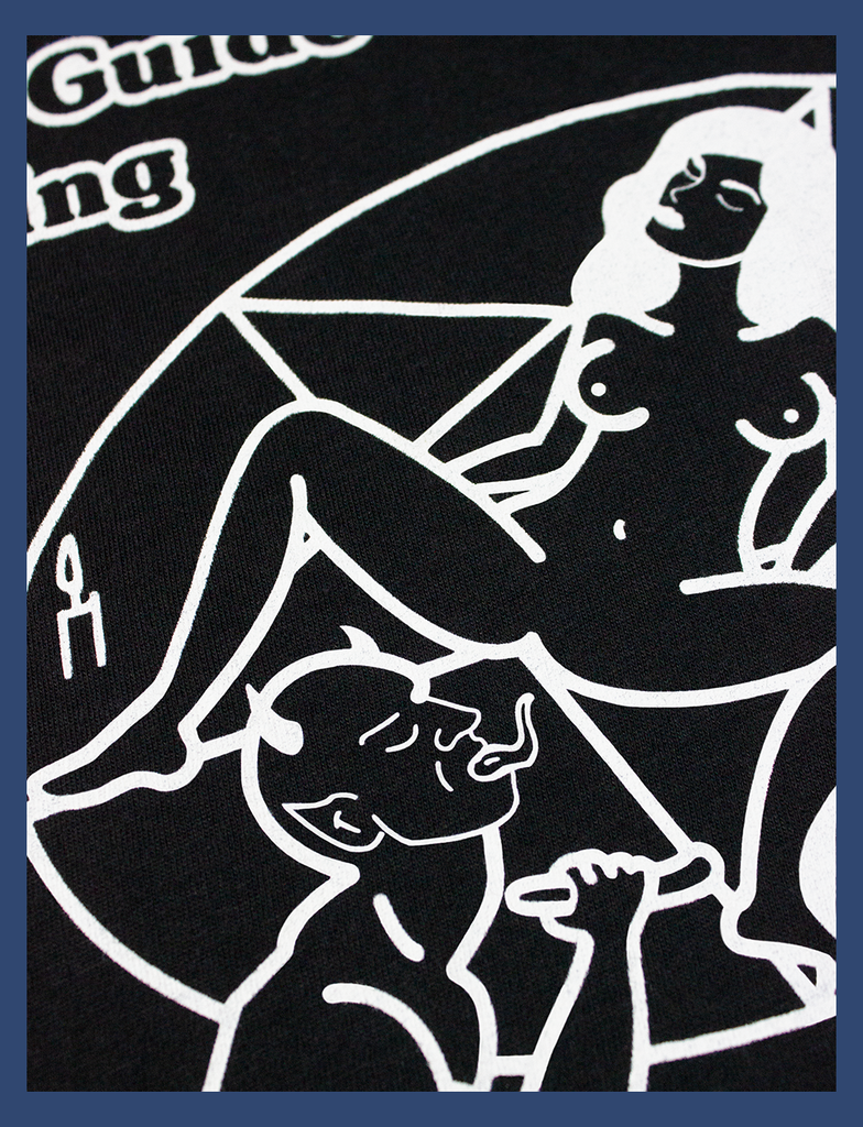 A more detailed view of the illustration and print on THE JOY OF SATAN Sweater in Black by KULT Clothing | The Joy of Satan | A Gourmet Guide to Sinning | KULT