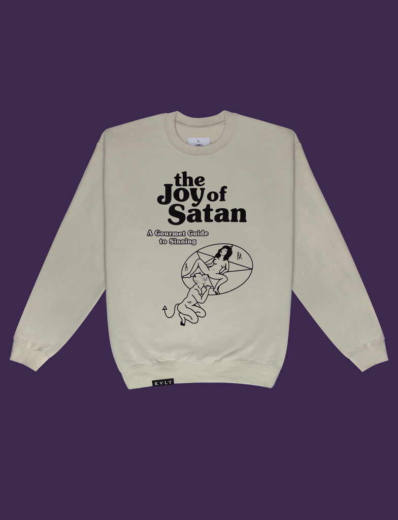 Front view of THE JOY OF SATAN Sweater in Sandstone by KULT Clothing | The Joy of Satan | A Gourmet Guide to Sinning | KULT