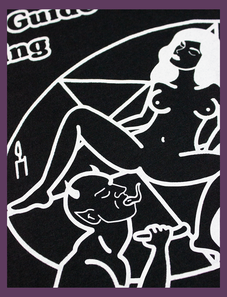 Second close-up view of the screen printed design on the front of THE JOY OF SATAN Tee in Black by KULT Clothing | The Joy of Satan | A Gourmet Guide to Sinning | KVLT