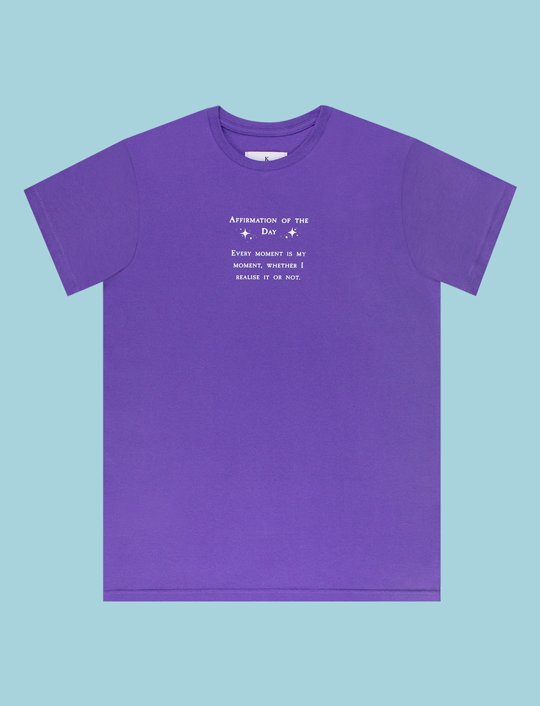 Front view of the AFFIRMATIONS Tee in Twilight by KULT Clothing | Affirmation of the Day • Every moment is my moment, whether I realise it or not. | Eco-friendly inks and ethical production