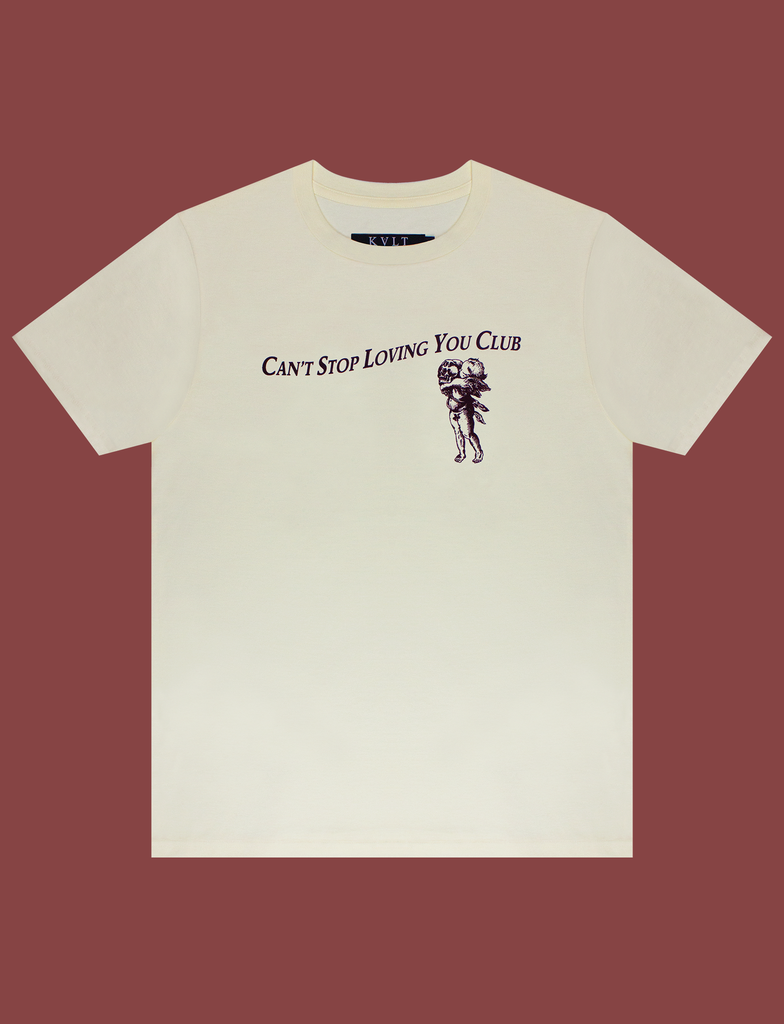 Front view of the CAN'T STOP LOVING YOU CLUB Tee in Primrose by KULT Clothing | eco-friendly, climate neutral t-shirt
