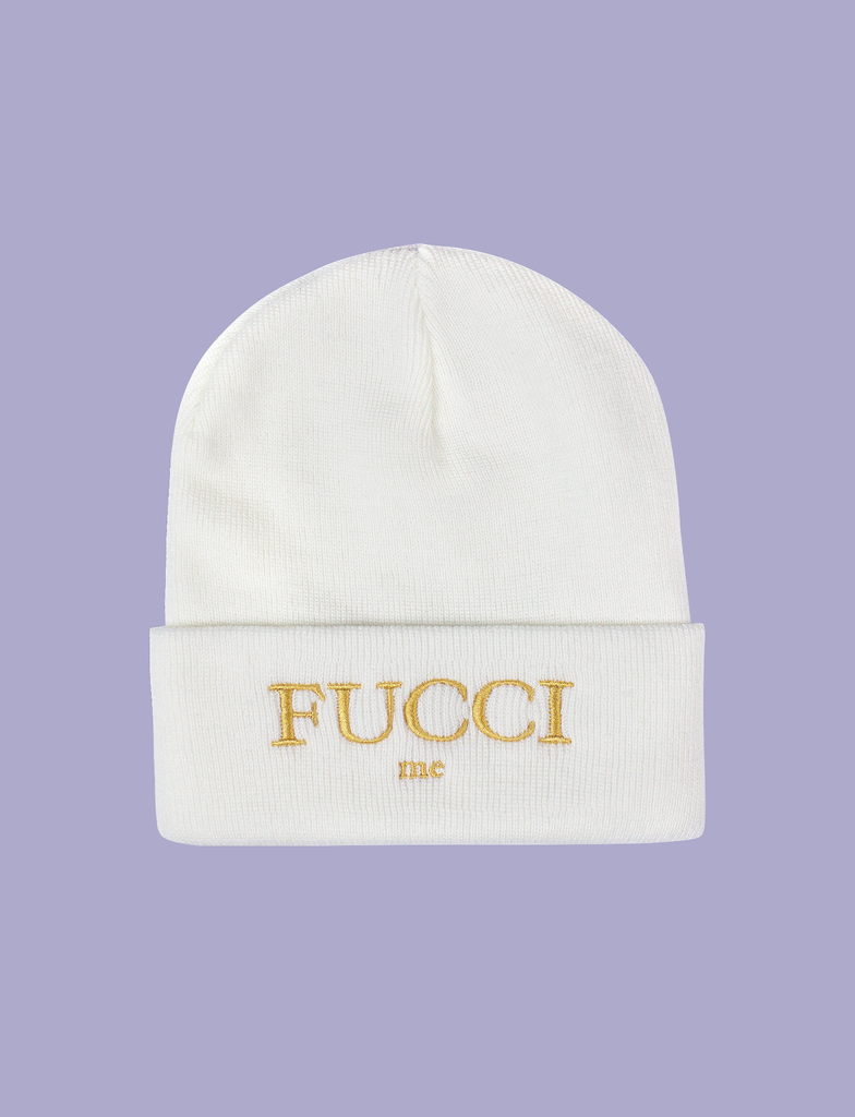 Front of the FUCCI ME Beanie by KULT Clothing | "Fucci Me" embroidered design in gold thread on a white acrylic beanie hat