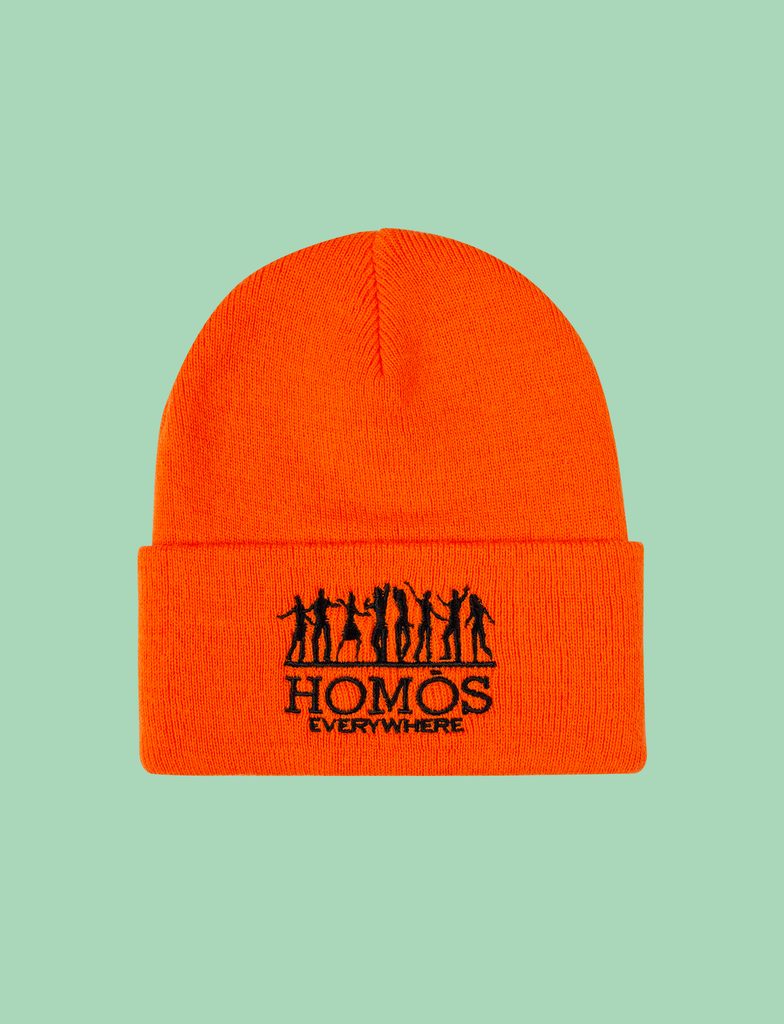 Front of the HOMOS Beanie by KULT Clothing | "Homos Everywhere" embroidered design on an orange beanie hat
