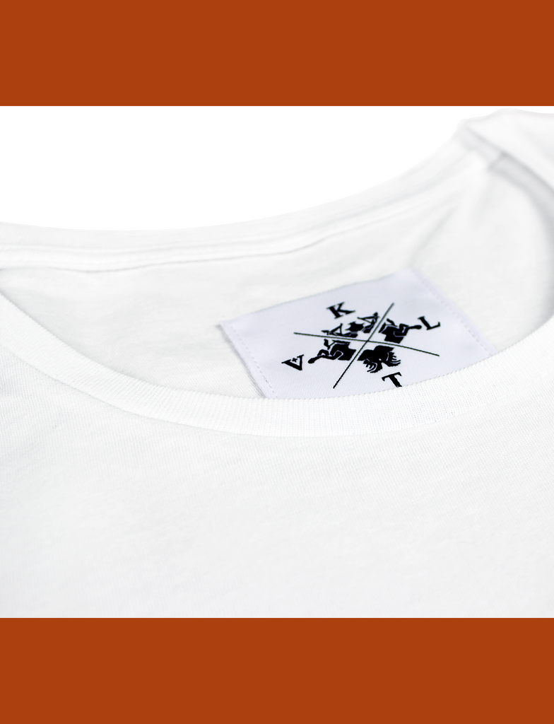 Close-up of the internal neck branding on the BASIK Tee in White