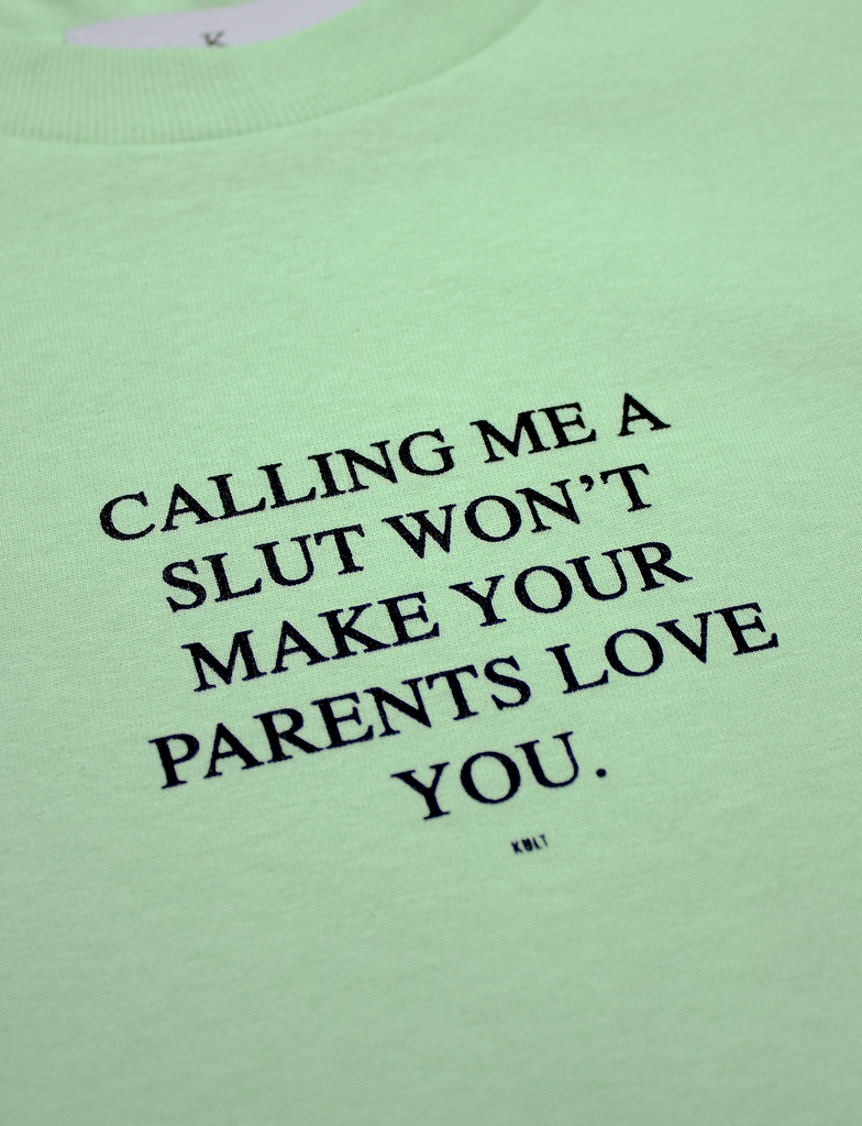 Close up of the print on the DON'T CALL ME Tee in Blossom by KULT Clothing | Calling me a slut won't make your parents love you