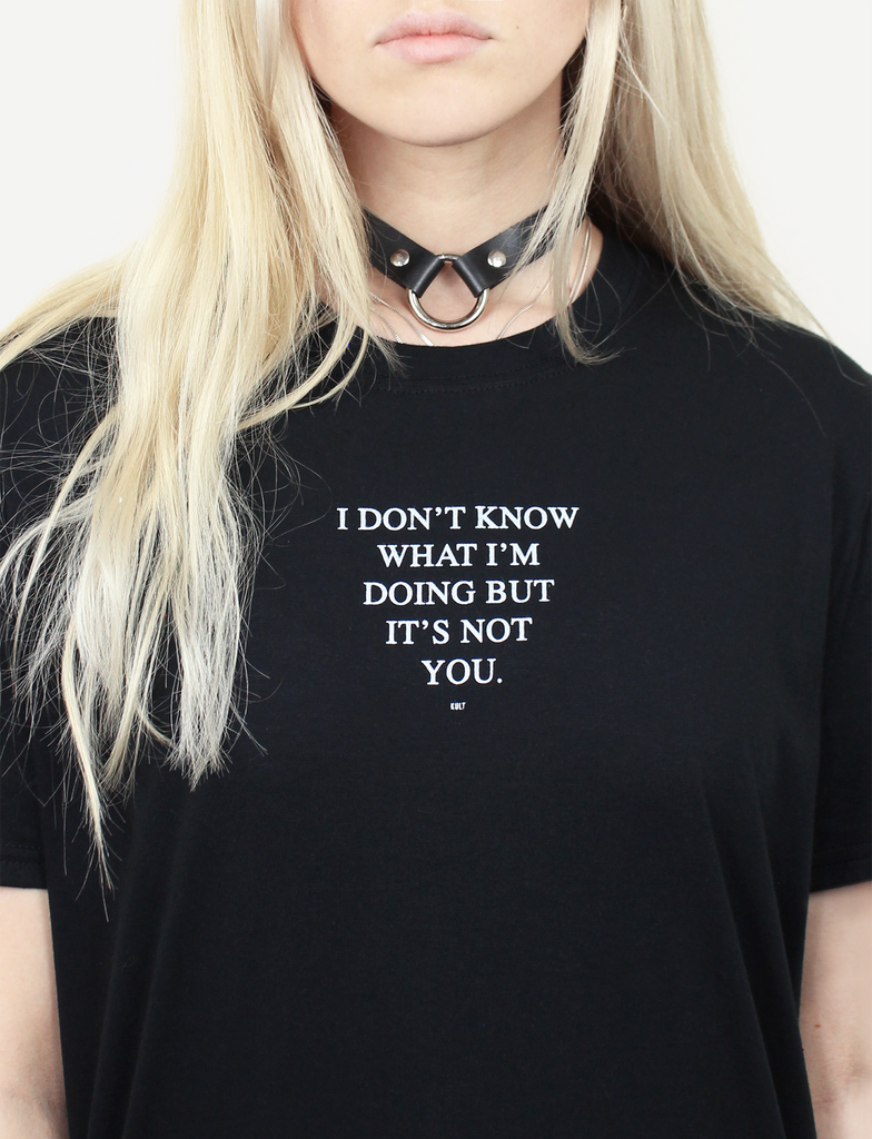 Close-up of the I DON'T KNOW Tee in Black by KULT Clothing