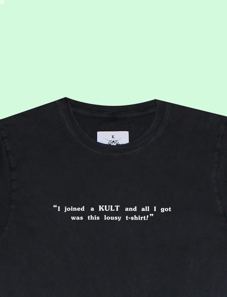 Close-up of the KULT MEMBER Tee in Sun-Bleached Black by KULT Clothing | eco-friendly, climate neutral t-shirt | I joined a KULT and all I got was this lousy t-shirt!
