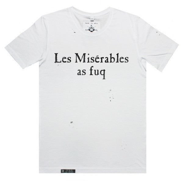 LES MISERABLES AS FUQ Tee in White with hand distressing by KULT
