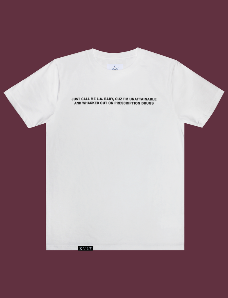 PRESCRIPTIONS Tee in White by KULT Clothing | eco-friendly, climate neutral t-shirt | Just call me L.A. baby, cuz I'm unattainable and whacked out on prescription drugs