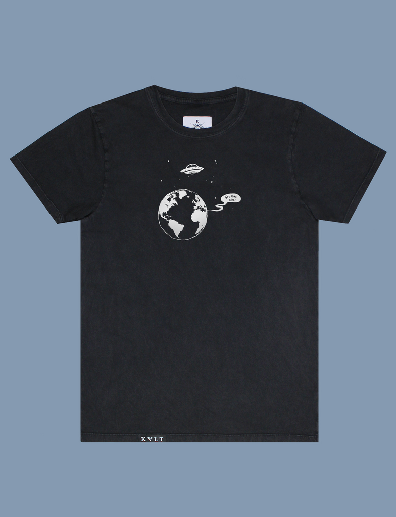 TEXT ME BACK Tee in Sun-Bleached Black by KULT Clothing | eco-friendly, climate neutral t-shirt | "Get home safe!"