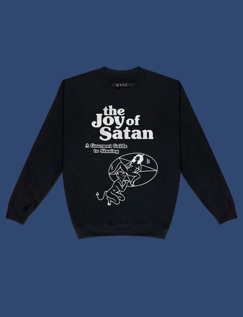 Front view of THE JOY OF SATAN Sweater in Black by KULT Clothing | The Joy of Satan | A Gourmet Guide to Sinning | KULT