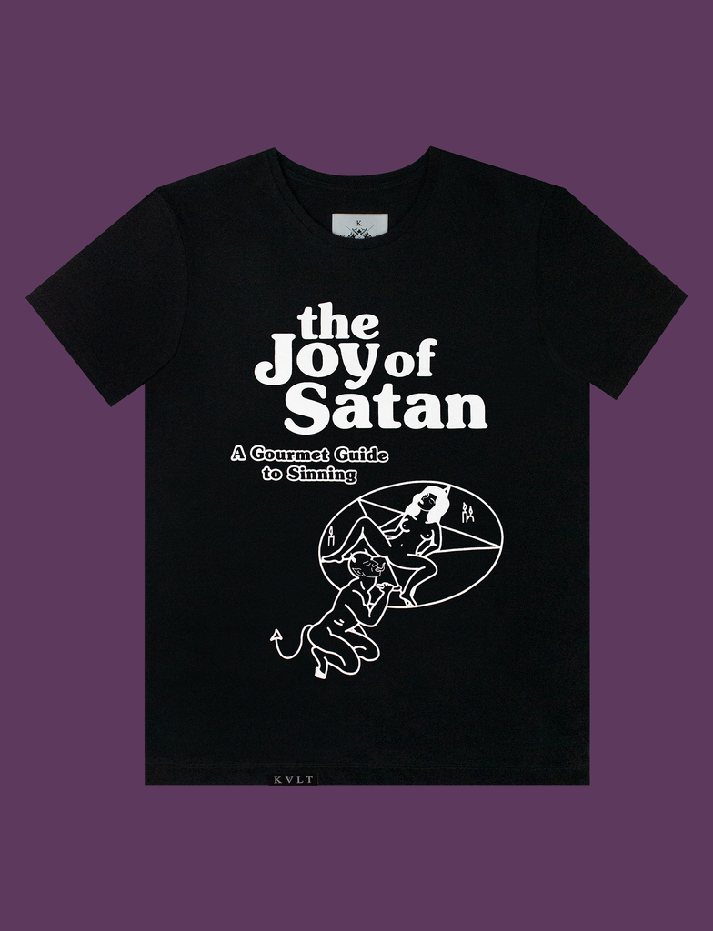 Front view of THE JOY OF SATAN Tee in Black by KULT Clothing | The Joy of Satan | A Gourmet Guide to Sinning | KVLT