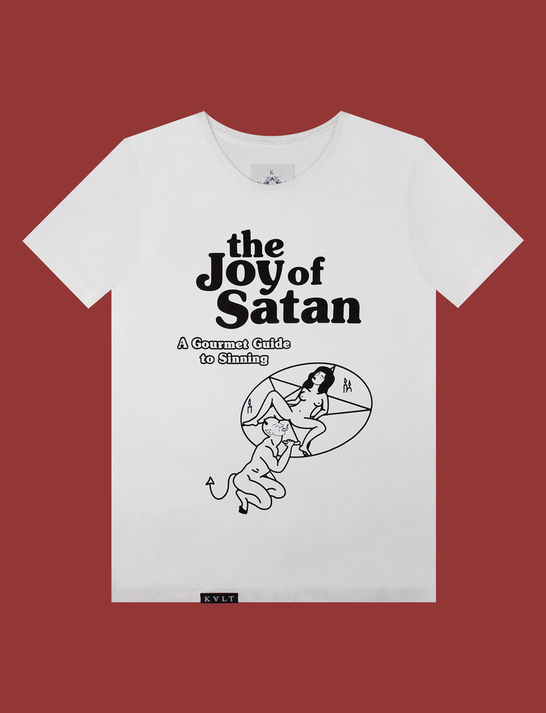 Front view of THE JOY OF SATAN Tee in White by KULT Clothing | The Joy of Satan | A Gourmet Guide to Sinning | KVLT