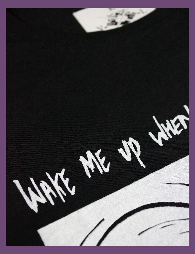 Close-up detail of the hand-printed design on the WAKE ME UP Tee in Black by KULT Clothing | Wake me up when you're over yourself. | KVLT
