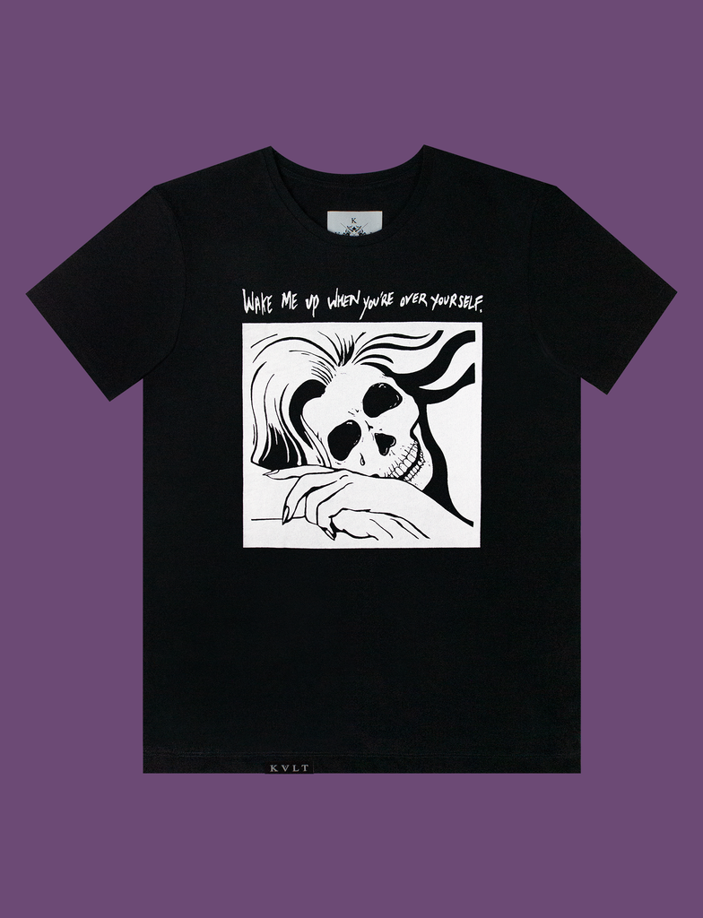 Front view of the WAKE ME UP Tee in Black by KULT Clothing | Wake me up when you're over yourself. | KVLT